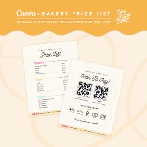 Modèle de liste de prix, liste de prix Canva Bakery, liste de prix modifiable, modèle de menu, panneau de code QR, panneau de médias sociaux, liste de prix - YYB01
