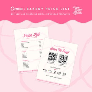 Price List Template, Canva Bakery Price List, Editable Price List, Menu Template, QR Code Sign, Social Media Sign, Price List - LB01