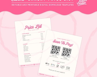 Price List Template, Canva Bakery Price List, Editable Price List, Menu Template, QR Code Sign, Social Media Sign, Price List - LB01