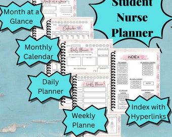May include: A student nurse planner with a pink and white floral design. The planner includes sections for a month at a glance, monthly calendar, daily planner, weekly planner, and an index with hyperlinks.