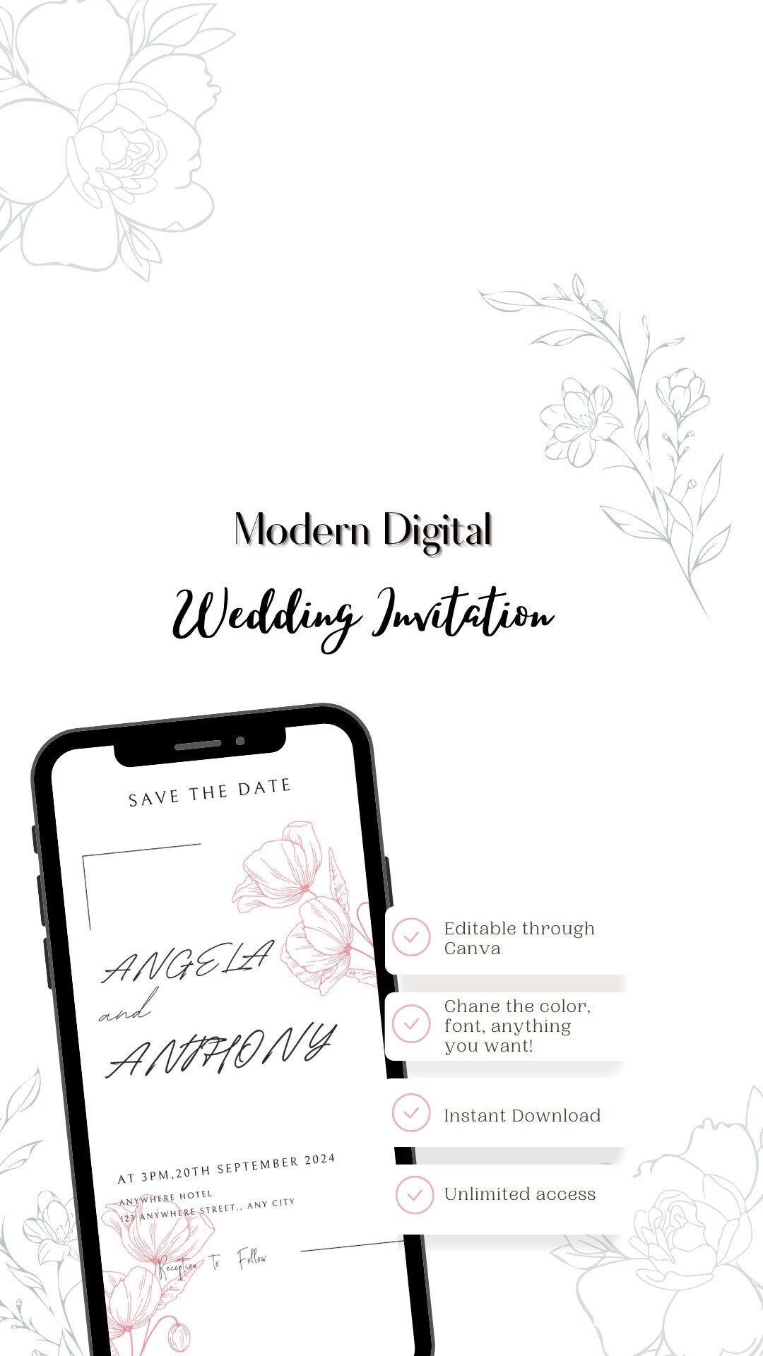 Modern Digital Wedding Invitation Custom Invitation Save the Etsy