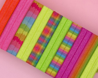 Neon Hair Tie & Bracelet Set, Colorful | Elastic Fabric Hair Ties | Neon Rainbow | 2-in-1 Hair Band