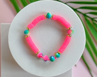 Bracelet RAINBOW PINK - clay beads Heishi Katsuki neon pink