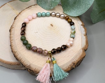 Bracelet EARTH - gemstone and glass beads with tassel pendant