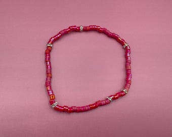 Bracelet - SILVER RASBERRY - small glass beads in dark pink with silver details