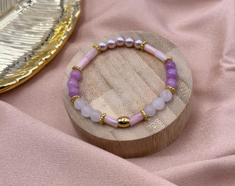 Pearl Bracelet Pink Purple White with Gold Details
