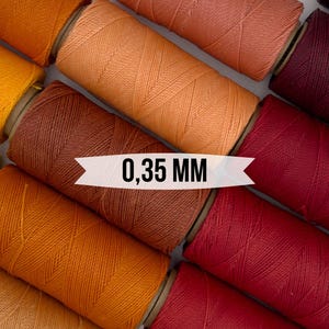 Peut inclure: Bobines de fil ciré dans différentes nuances d'orange, de rouge et de brun. Le fil a un diamètre de 0,35 mm.