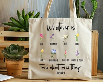 Philippians 4:8 Canvas Tote Bag, Watercolor Floral Church Bag