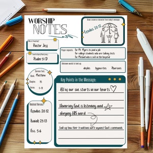 May include: A printable worksheet with a teal green background and gold accents. The worksheet is titled "Worship Notes" and includes sections for sermon text, related verses, prayer requests, and key points in the message. The worksheet also includes a drawing prompt for a scene or character from the message.