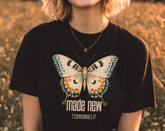 Butterfly "Made New" T-Shirt | 2 Corinthians 5:17 Christian Tee