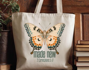 Butterfly "Made New" tote bag | 2 Corinthians 5:17 Christian church tote
