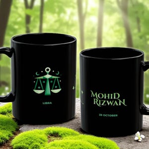 Personalized Zodiac Sign Black Mug – Custom Name Astrology Coffee Tea Cup – 11oz, 15oz, Elegant & Durable Ceramic Gift, Zodiac Gift for him