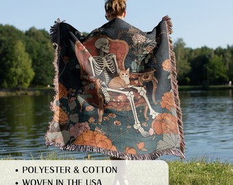Vintage schedel geweven deken met Ukiyo Design Spooky Lover Sofa Throw voor botanische esthetische inrichting Skelet wandtapijt Goth Dark Décor