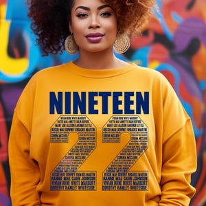 May include: A yellow sweatshirt with the word "NINETEEN" printed in blue on the front. The number "22" is formed by the names of 19 women in blue text.