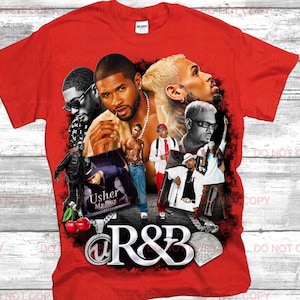 May include: Red t-shirt featuring a collage of R&B artists, including Usher and Chris Brown. The design includes the text "@R&B" in a silver, stylized font, and a pendant. The shirt is made of a soft material.