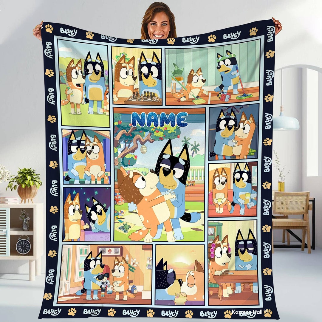 Personalized Bluey Blanket, Bluey Family Soft Cozy Fleece Throw