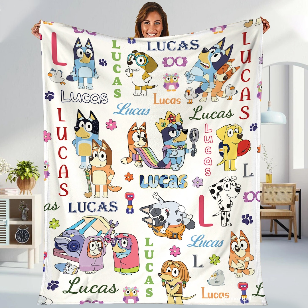 Personalized Bluey Blanket, Bluey Family Soft Cozy Fleece Throw