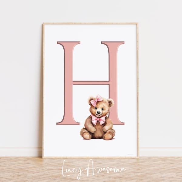 Personalized Kids Nursery Wall Art Alphabet Letter H and Teddy Bear, Pastel Colors, Pink, Custom Initial Baby Gift, 20x30in&A2, Girls Room