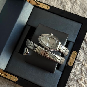 Elegant Silver Coil Watch- Snake Vintage Style- Silver with Iridescent Dial