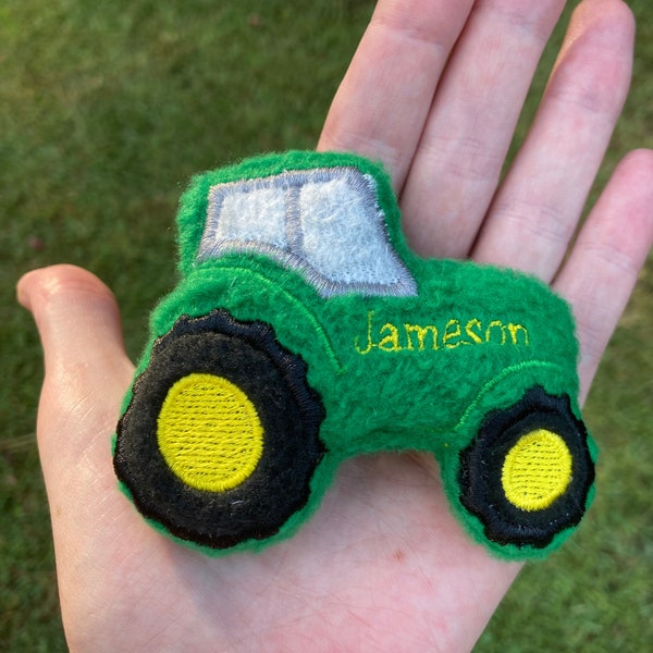 Tiny Personalized Tractor Toy ~ Great Gift for Girl or Boy ~ Green Tractor with Yellow Name Pocket Plushie