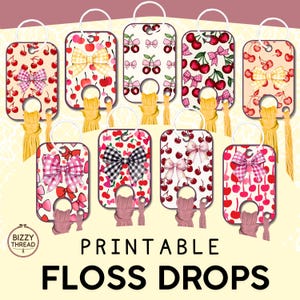Schede per punto croce con filo a goccia - Fiocco Cherry Coquette stampabile - Etichette per organizzare i progetti di ricamo - 9 modelli