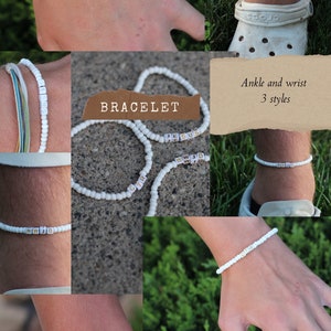 May include: White beaded bracelets with gold lettering spelling out "JESUS", "WWJD", and "CTR". The bracelets are shown on wrists and ankles. The text "Ankle and wrist - 3 styles" is also shown.