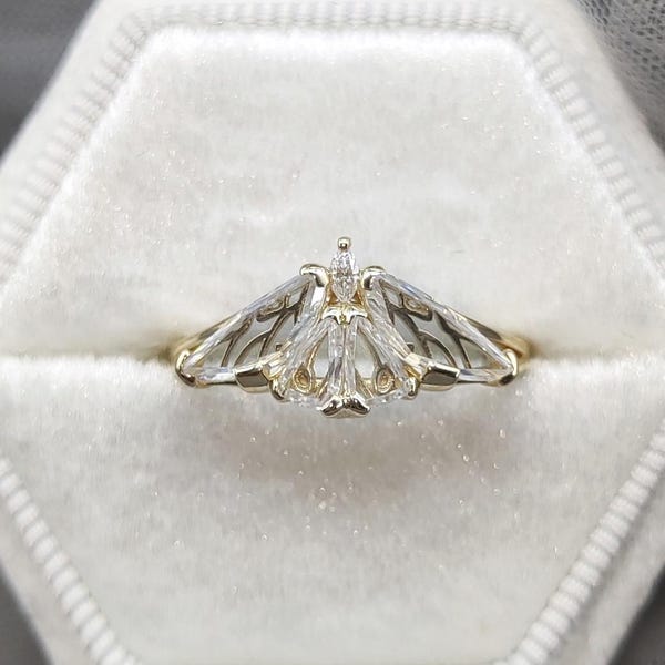 Unique Gothic Moth Moissanite Engagement Ring Solid Gold Moissanite  Wedding Rings for Women Personalized Promise Ring Handmade Gift for Her