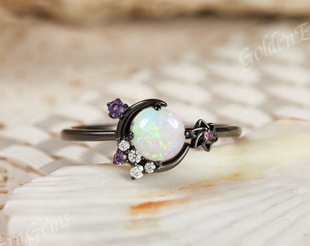 Gothic Moon Opal Engagement Ring Black Gold Amethyst Cluster Wedding Ring Retro Star Moissanite Promise Bridal Ring For Her Handmade Jewelry