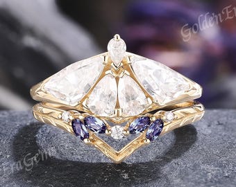 Gothic Moth Moissanite Engagement Ring Set: Alexandrite Cluster Wedding Band, Solid Gold