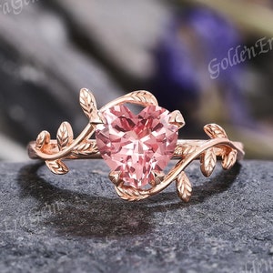 Nature Inspired Heart Pink Sapphire Engagement Ring Unique Solitaire Leaf Wedding Rings for Women Gold Unique Anniversary Gift for Her