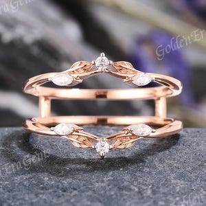 Art Deco Curved Wedding Band Gold Moissanite Double Leaf Wedding Band Vine Ring Enhancer Stackable Wedding Rings for Women Gift for Her