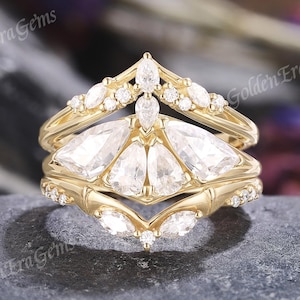 3PCS Moissanite Moth Wedding Ring Set Moissanite Cluster Curved Wedding Band Unique Stackable Ring Custom Gift For Her
