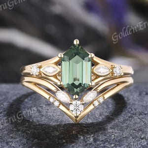 Hexagon Green Sapphire Engagement Ring Set Unique Elongated Wedding Rings for Women Moissanite Cluster Ring Anniversary Gift for Her Custom