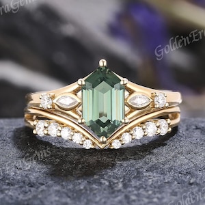 Hexagon Green Sapphire Engagement Ring Set Unique Elongated Wedding Rings for Women Moissanite Cluster Ring Anniversary Gift for Her Custom