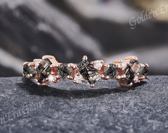 Salt and Pepper Diamond Ring: Rose Gold Black Rutilated Quartz Wedding Band
