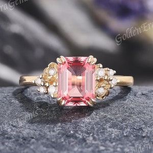 Vintage 2ct Emerald Cut Pink Sapphire Engagement Ring Art Deco Floral Wedding Rings for Women Delicate Moissanite Cluster Ring Gift for Her