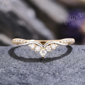 Einzigartige Moissanite Gebogener Ehering Gold Zwei Ton Rebe Hochzeitsringe für Frauen Vintage Stapelbar Chevron Band Jahrestag Geschenk Handgemacht