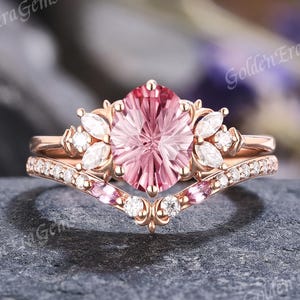 Vintage Pink Sapphire Engagement Ring Set Firework Sapphire Wedding Rings for Women Marquise Moissanite Cluster Rings Handmade Gift for Her