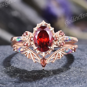 Gothic Oval Cut Ruby Engagement Ring Set Rose Gold Marquise Natural Opal Cluster Wedding Ring Bat Wing Punk Promise Ring Unique Gift For Her