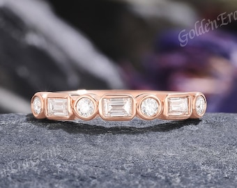 Rose Gold Moissanite Cluster Straight Wedding Band Unique Art Deco Delicate Promise Ring Minimalist Handmade Anniversary Ring Gift for Women