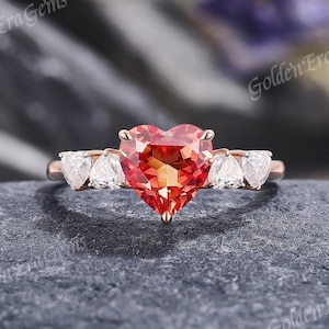 Art Deco Heart Orange Sapphire Engagement Ring Delicate Five Stone Wedding Rings for Women Gold Minimalism Ring Anniversary Gift for Her