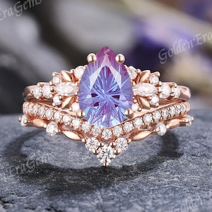 Unique Firework Pear Alexandrite Engagement Ring Set Nature Inspired Leaf Wedding Rings for Women Anniversary Ring Set Custom Gift for Her