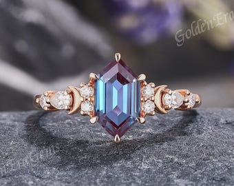Art Deco Hexagon Alexandrit Verlobungsring Gold inspiriert Mond Design Eheringe für Frauen handgemachtes Jahrestagsgeschenk für sie