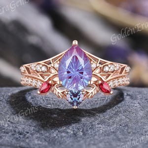 Unik fyrverkeripäron Alexandrit förlovningsring set med hjärta rubin moissanit klusterband gotisk spindelnät vigselring set anpassad ring set