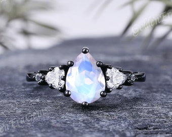 Vintage Moonstone Gothic Engagement Ring Black Gold Witchy Rhodium Black Wedding Band Rainbow Promise Custom Anniversary Ring For Women