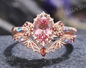 Gothic Pink Sapphire Engagement Ring Set Gothic Spider Bat Wings Wedding Rings for Women Black Opal Garnet Cluster Ring Set Custom Gift