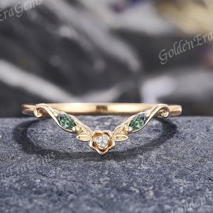 Art Deco Green Sapphire Curved Wedding Band Solid Gold leaf Vine Wedding Rings for Women Unique Matching Ring Chevron Band Anniversary Gift