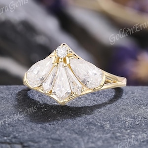 Vintage Gothic Moth Moissanite Engagement Ring: Handmade Gold Cluster Wedding Ring