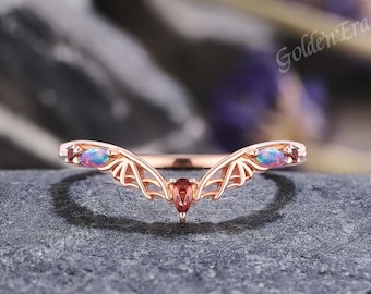 Gothic Bat Wing Wedding Band, Rose Gold Garnet Opal Ring, Stackable Vine Guard Ring