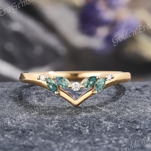 アールデコ調モスアゲートカーブド結婚指輪 ソリッドゴールドモアッサナイト製結婚指輪 女性用 ユニークなつる型リング シェブロンバンド 彼女への記念日ギフト